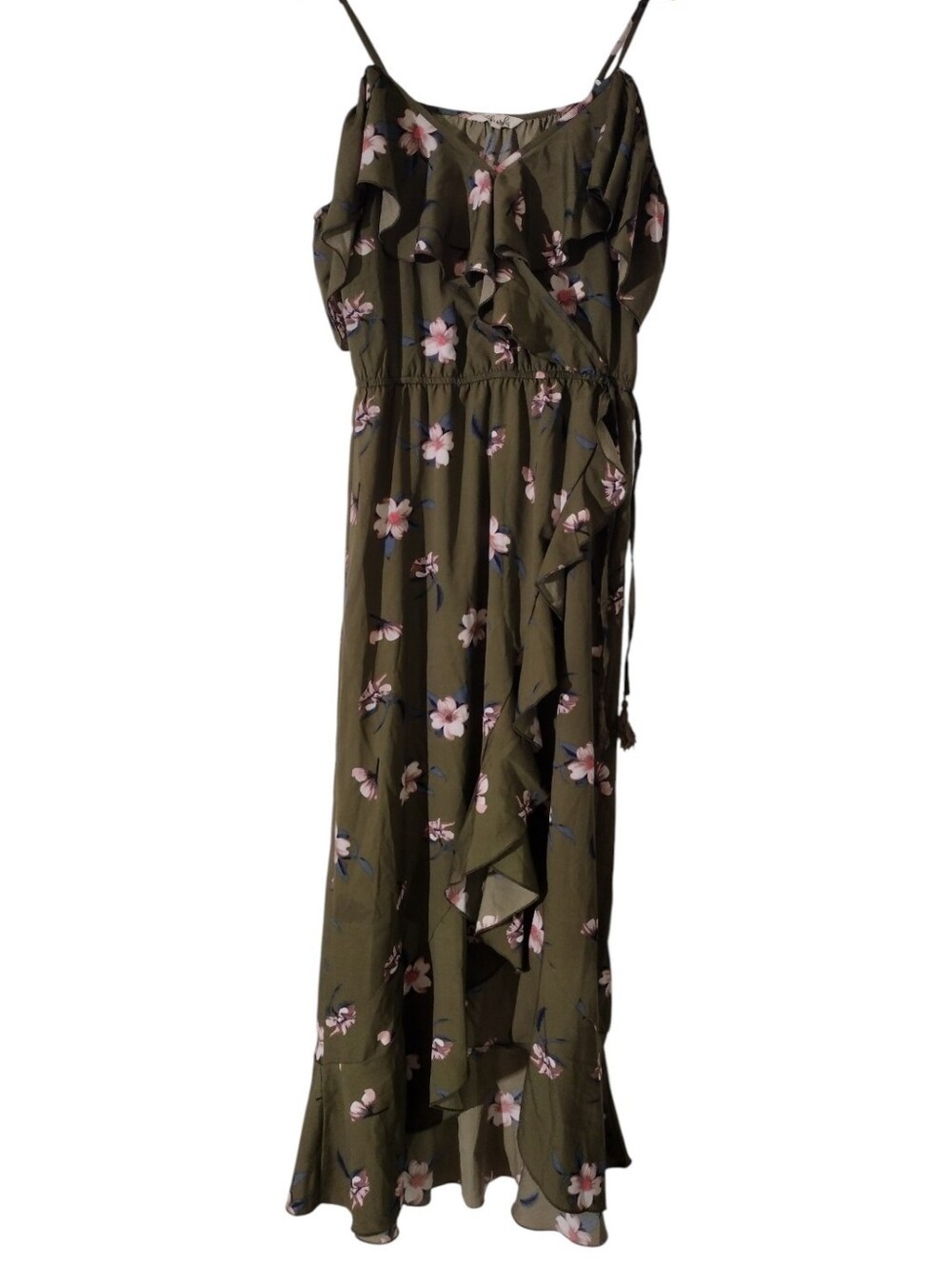 Blush Olive Green Floral Maxi Dress with Pink & Blue Accents